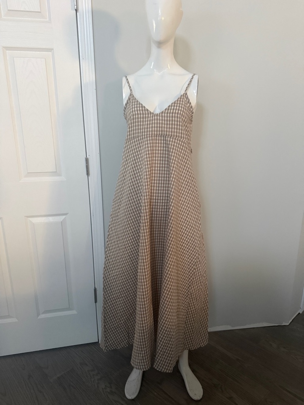 Beige Gingham Maxi Slip Dress with Thin Straps - Picture 2 of 10